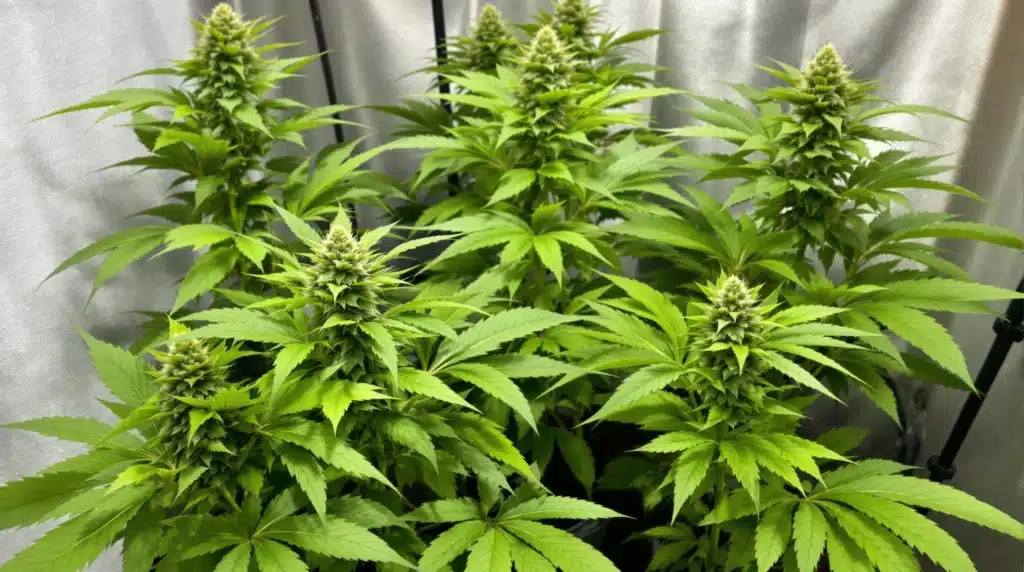 Indoor autoflower plants in week 7 with dense buds and green leaves