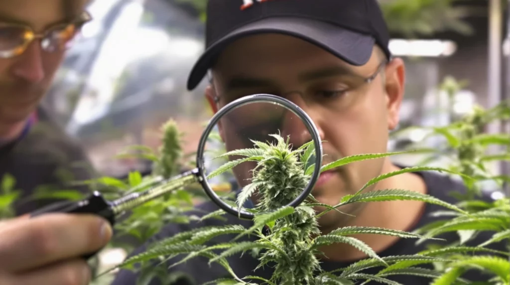 Grower inspecting trichomes on autoflower plants in week 7.