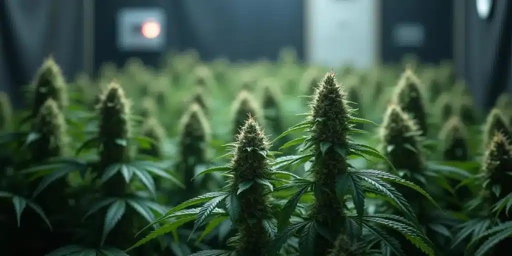 Autoflower cannabis plants in full flowering stage with close-up on dense buds.