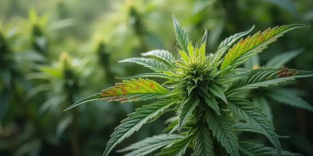 Autoflower cannabis plant in week 7 showing no buds and discolored leaves.