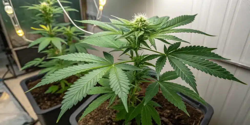 Week 4 autoflower weed plant developing dense foliage and early bud formation under controlled lighting conditions