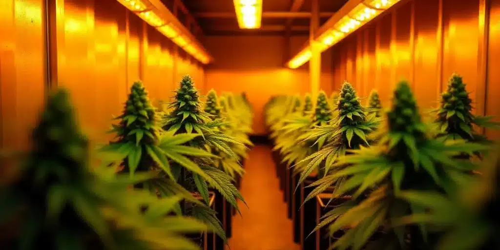 A well-lit indoor cannabis grow room with autoflowering plants at peak flowering stage, showcasing the importance of a precise feeding schedule for maximizing yield and potency.