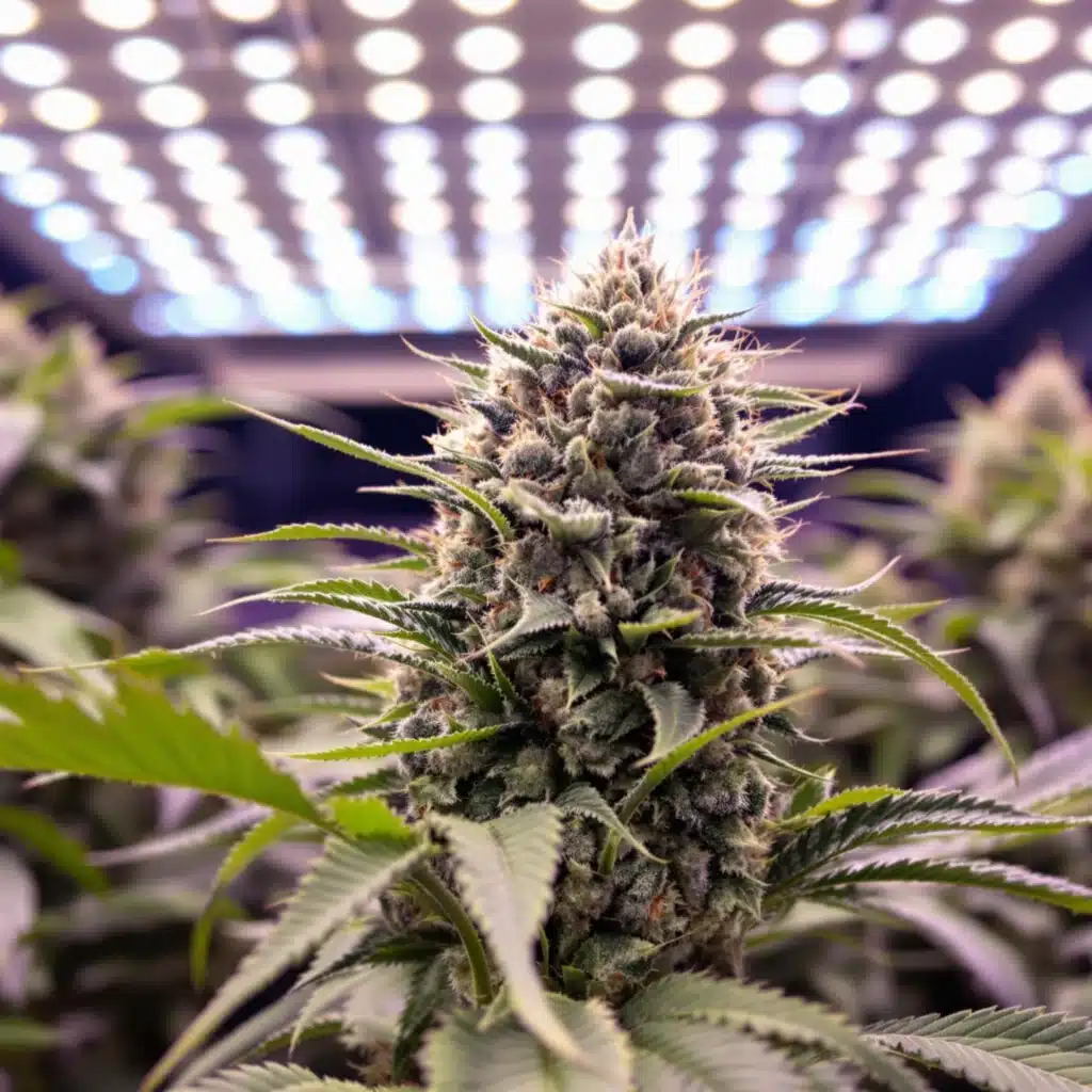 Thriving autoflowering cannabis plant with dense buds under LED lights.