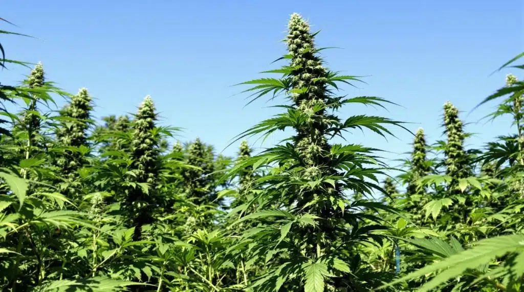 Outdoor autoflowering cannabis plants with lush growth in a garden setting.