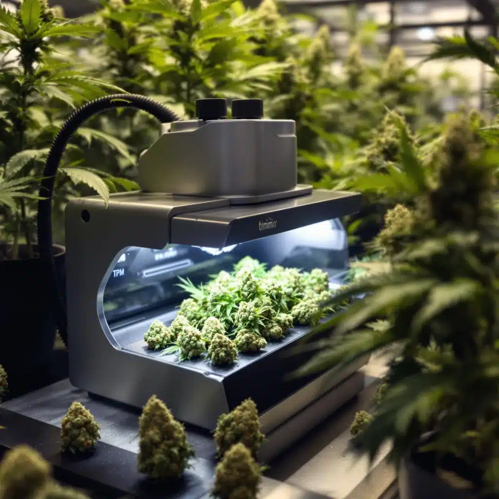 Automatic pot trimmer in an indoor grow space with cannabis buds.