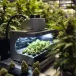 Automatic pot trimmer in an indoor grow space with cannabis buds.