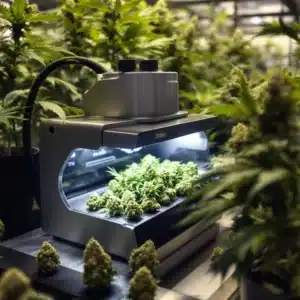 Automatic pot trimmer in an indoor grow space with cannabis buds.