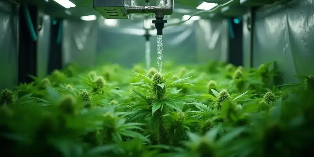 Automatic watering system for grow tent with dense cannabis canopy