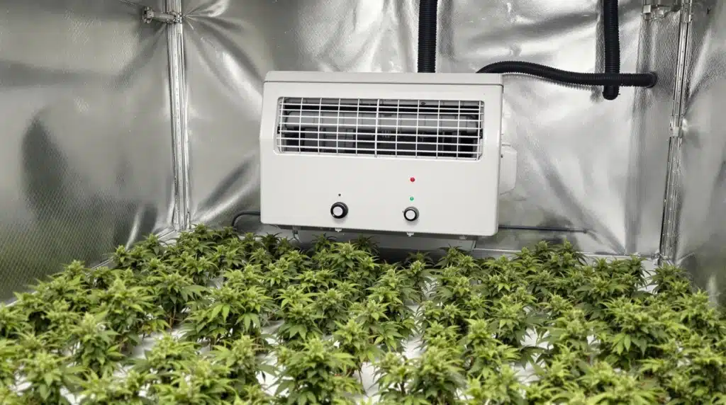 Dehumidifier and temperature controls in a cannabis drying space.