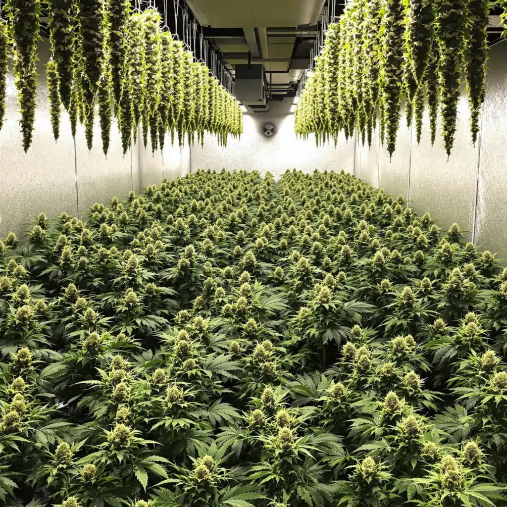 Cannabis drying room with hanging plants in a controlled environment.
