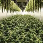 Cannabis drying room with hanging plants in a controlled environment.