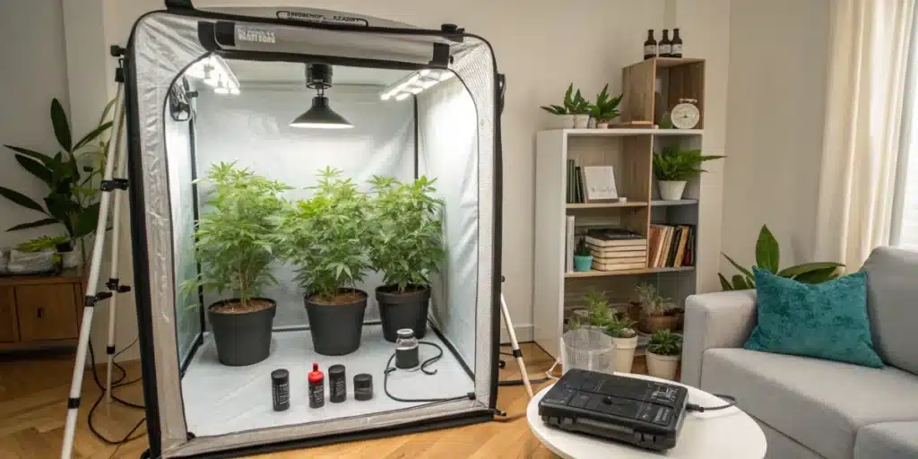 Indoor cannabis grow kit in a living room, featuring a grow tent with plants, LED lights, and organized shelves with potted greenery