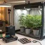 Compact cannabis grow setup on a table, including a grow tent with plants, LED lights, and cultivation tools in a cozy indoor setting