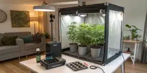 Compact cannabis grow setup on a table, including a grow tent with plants, LED lights, and cultivation tools in a cozy indoor setting