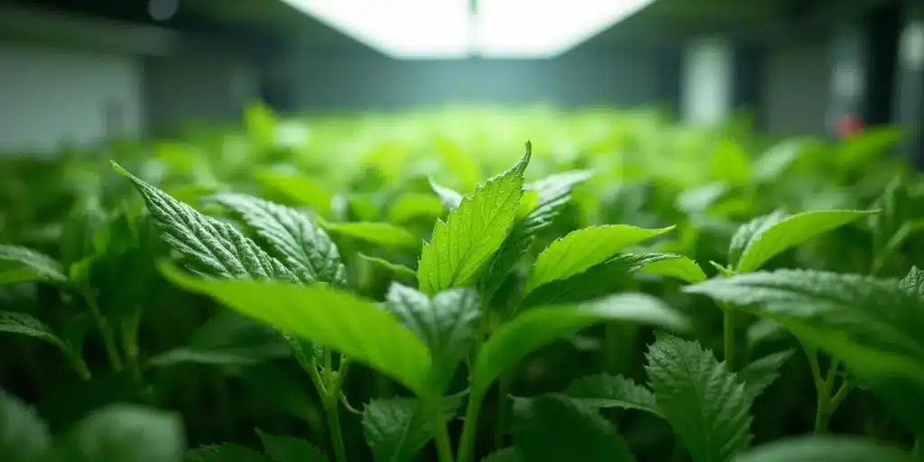 Close-up of an indoor grow box under bright LED lights