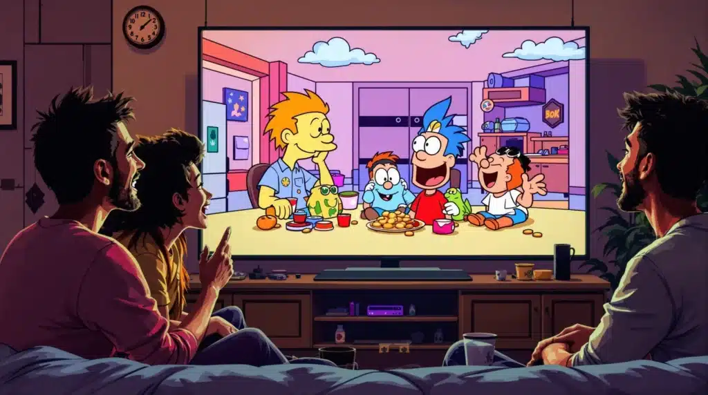 Friends enjoying classic cartoons while high, with snacks and cannabis accessories around.