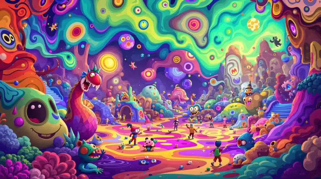 Psychedelic animated cartoon scene with vibrant colors and whimsical characters.