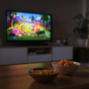 Relaxing living room setup for watching cartoons while high, with snacks and cozy lighting.