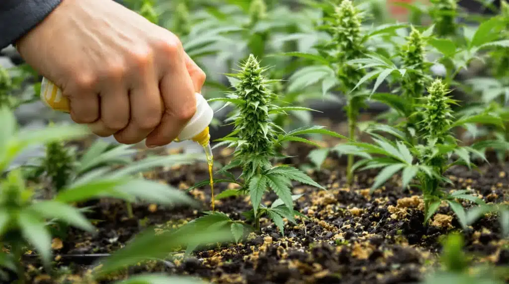 Grower applying liquid bud booster to soil around a cannabis plant for enhanced flowering.