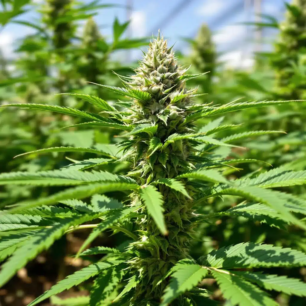 Cannabis plant growing in soil with dense buds, thriving under sunlight.