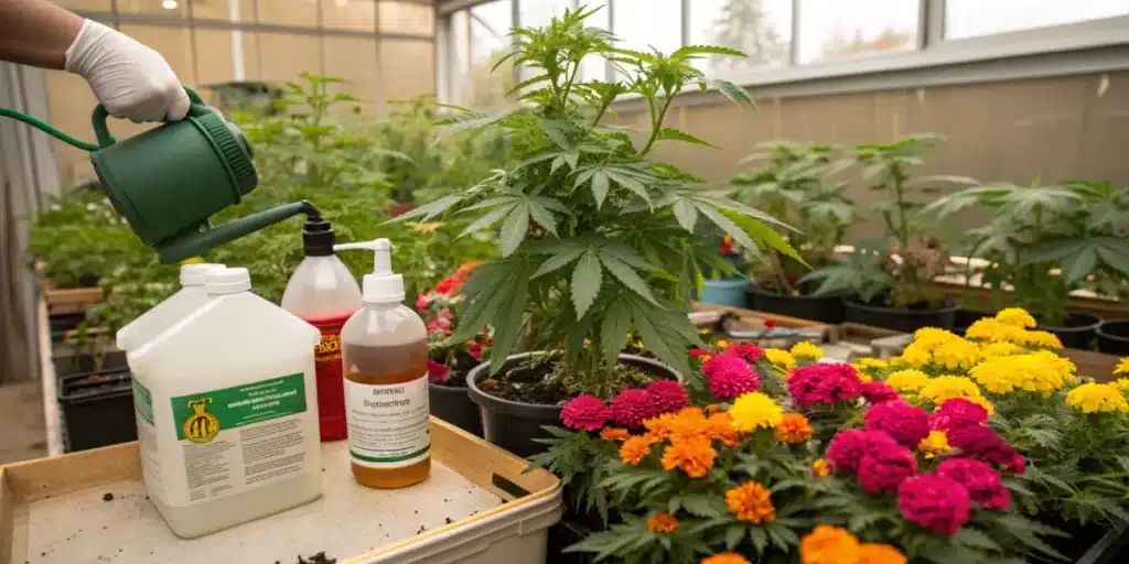 Gloved hand watering a cannabis plant with a green watering can, with two bottles of bloom booster and colorful flowers nearby, in a greenhouse.