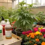 Gloved hand watering a cannabis plant with a green watering can, with two bottles of bloom booster and colorful flowers nearby, in a greenhouse.