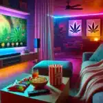 Cozy living room with vibrant cannabis-themed decor, snacks, and a TV displaying a colorful cartoon jungle adventure