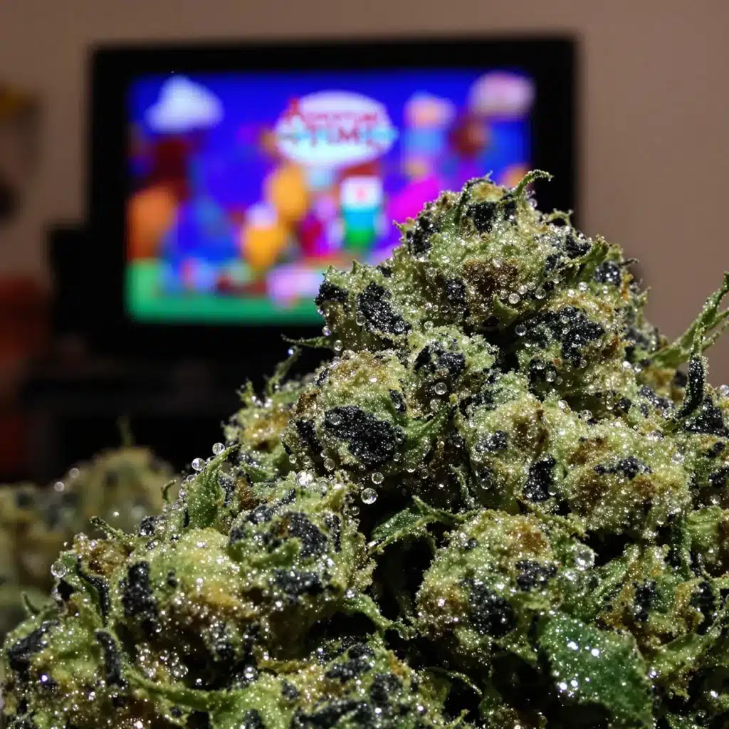 Cannabis nug and Adventure Time on screen, ideal pairing for the best cartoons to watch high.