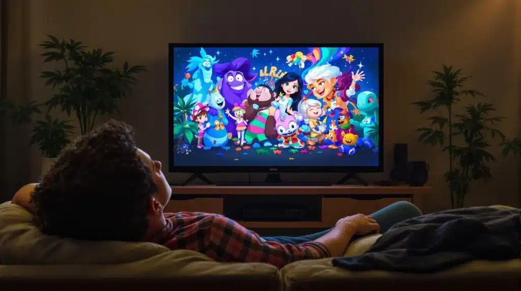 Relaxing with cannabis and enjoying the best cartoons to watch high for a fun evening.