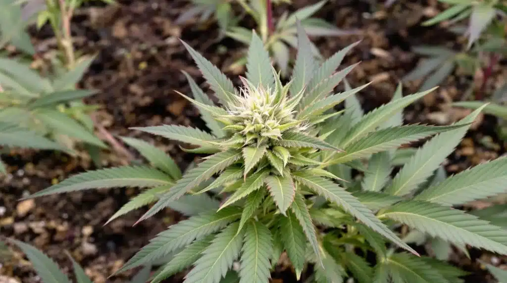 Flowering cannabis plant thriving after the application of the best compost tea for nutrient-rich soil.