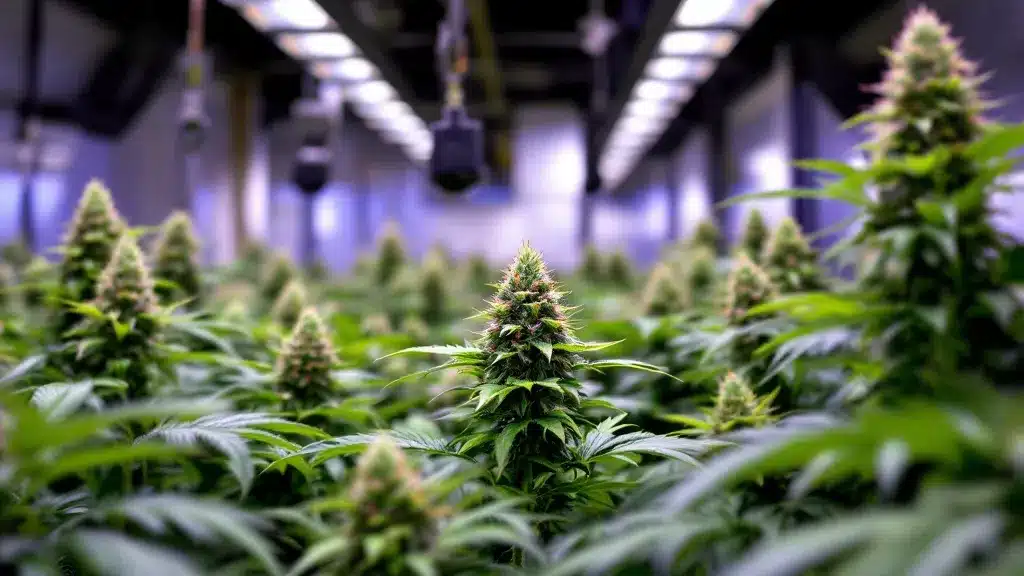 Zkittlez plants with vibrant buds in a hydroponic grow room, showcasing an efficient nutrient delivery system.