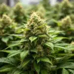 Gorilla Glue thriving in a hydroponic setup with resin-covered buds and healthy leaves.