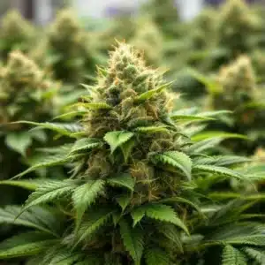 Gorilla Glue thriving in a hydroponic setup with resin-covered buds and healthy leaves.