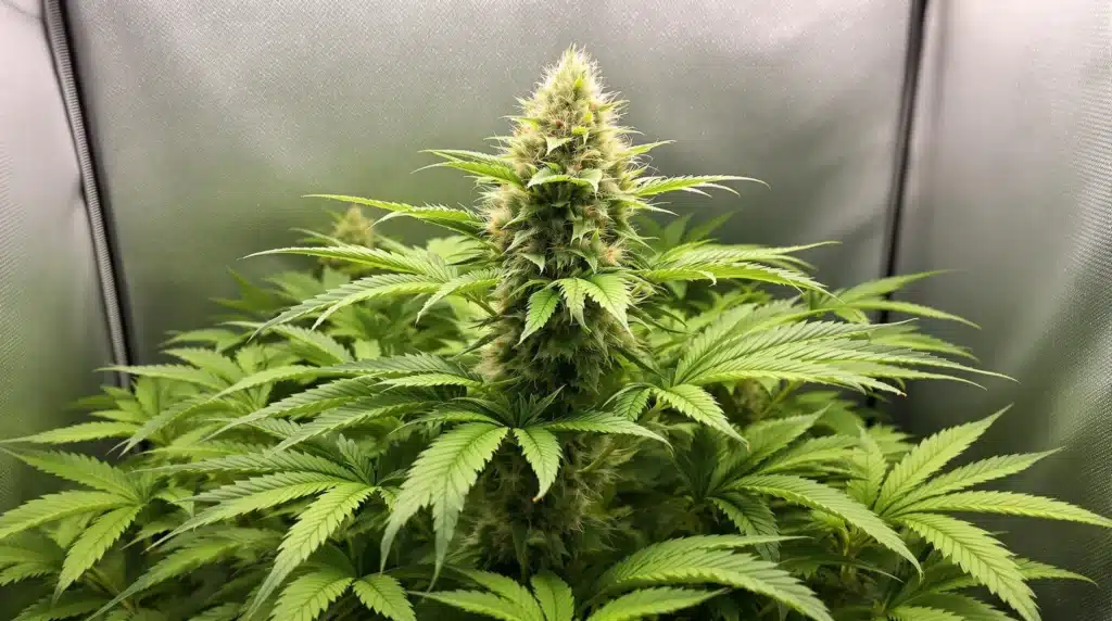 Compact cannabis strain growing in a reflective indoor grow tent.