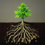 Cannabis roots enhanced by mycorrhizal fungi in nutrient-rich soil.