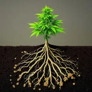 Cannabis roots enhanced by mycorrhizal fungi in nutrient-rich soil.