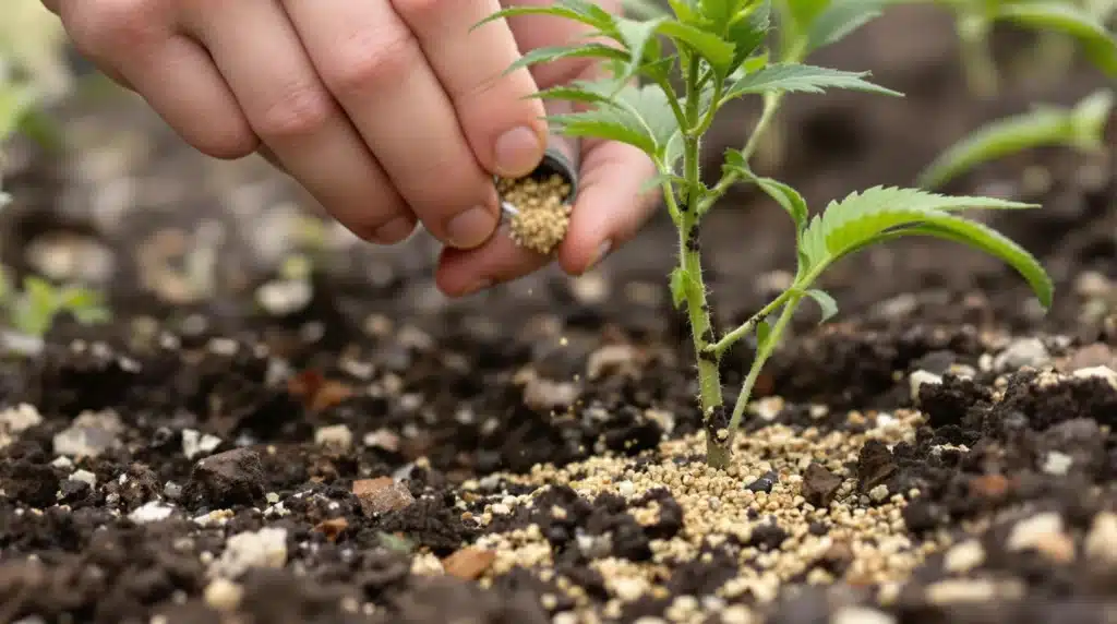 Gardener applying mycorrhizal fungi to cannabis seedling roots.