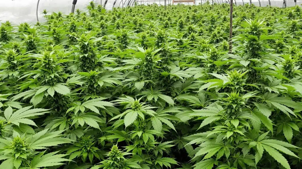 Cannabis plants in a greenhouse thriving with the help of mycorrhizal fungi.