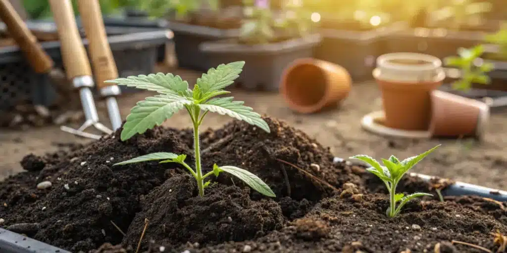 Cannabis seedlings thriving in organic soil with gardening tools and pots in the background, illuminated by warm sunlight in a garden setting