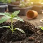 Cannabis seedlings thriving in organic soil with gardening tools and pots in the background, illuminated by warm sunlight in a garden setting