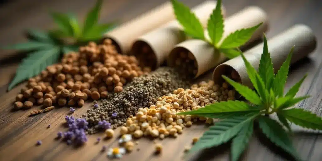 A variety of natural rolling paper alternatives, including hemp leaves and organic plant-based wraps, displayed with cannabis buds on a rustic wooden table.