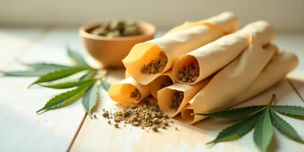 Close-up of eco-friendly rolling paper alternatives made from natural fibers, neatly rolled and filled with herbal blends, accompanied by fresh cannabis leaves.