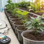 Rows of young cannabis plants with a pH meter and watering system, indicating optimal pH for cannabis.