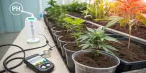 Rows of young cannabis plants with a pH meter and watering system, indicating optimal pH for cannabis.