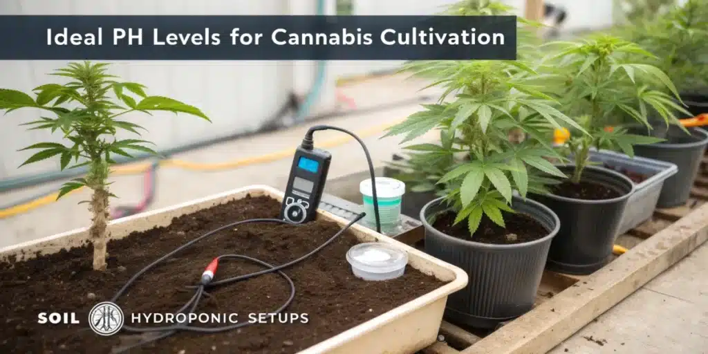 Cannabis plants in various growth stages with pH meter inserted in soil, highlighting ideal pH levels for cultivation