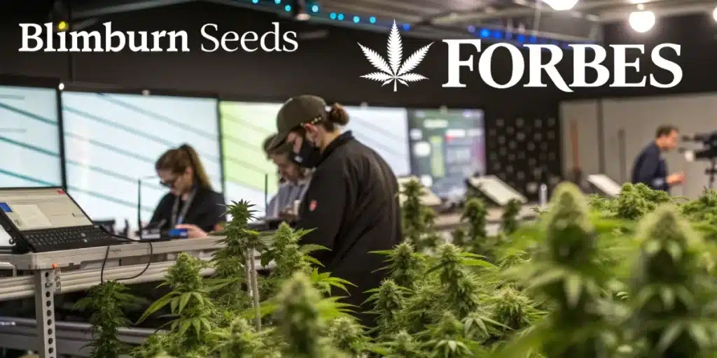 Blimburn Seeds featured in Forbes with cannabis plants in the foreground and professionals working in a modern lab environment