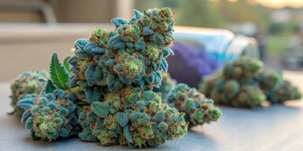 Close-up of freshly harvested blue cannabis buds stacked on a table with a soft background.