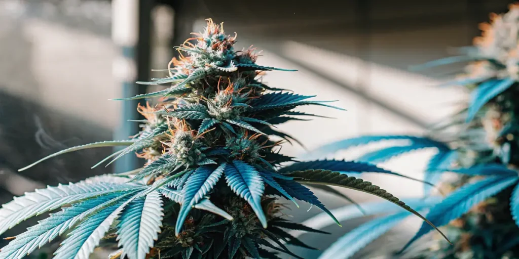 Hyper-realistic macro shot of a mature Blueberry Kush cannabis bud with blue-tinted leaves and orange pistils, against a blurred background.