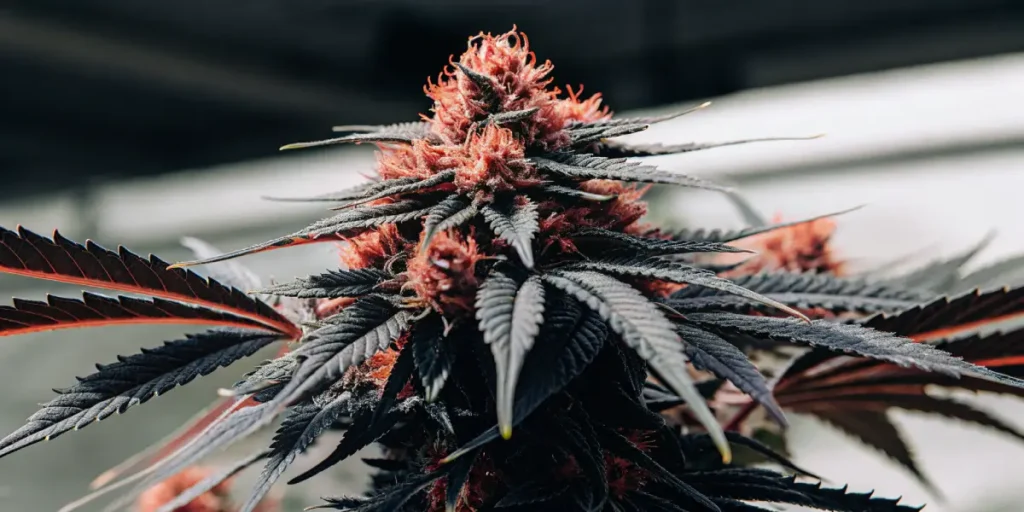 Hyper-realistic macro shot of a mature Blueberry Kush cannabis bud with striking red pistils and dark leaves, against a blurred background.