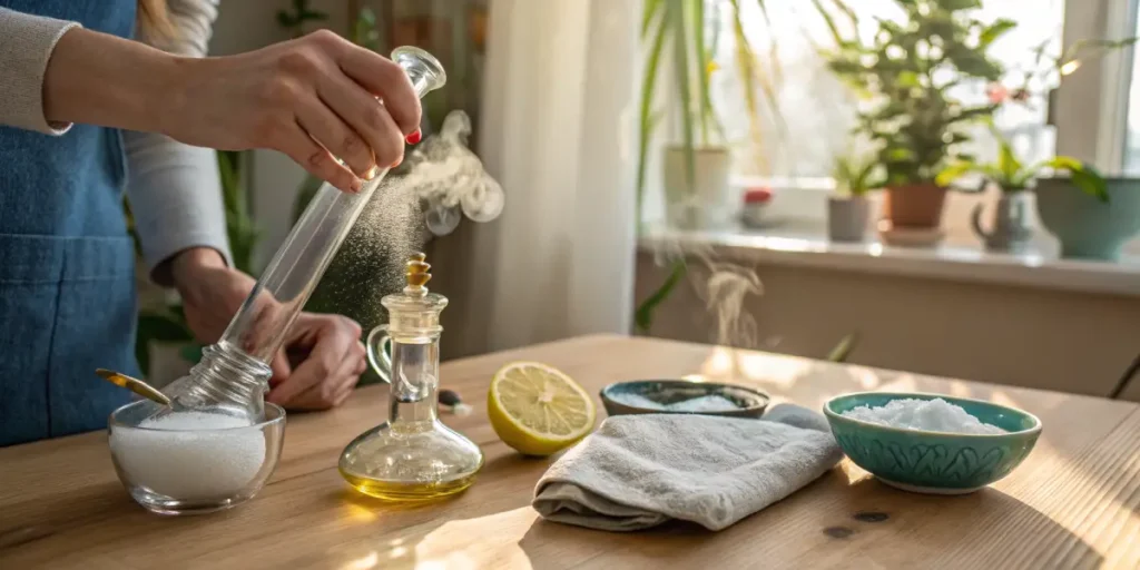 Person pouring white powder into a glass bong for cleaning.